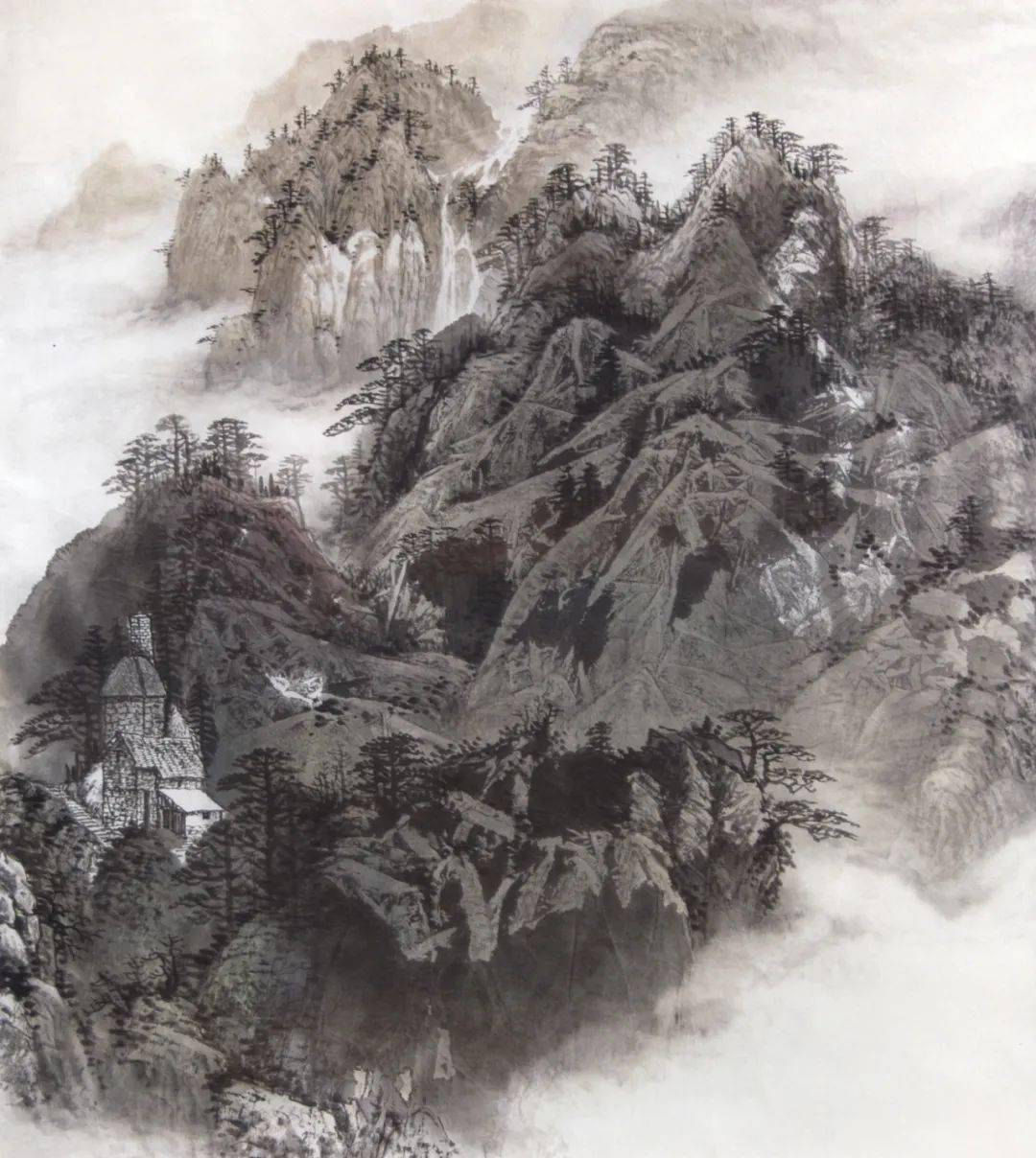 步骤四:整理画面,在上一步骤的基础上对山体进一步皴染.