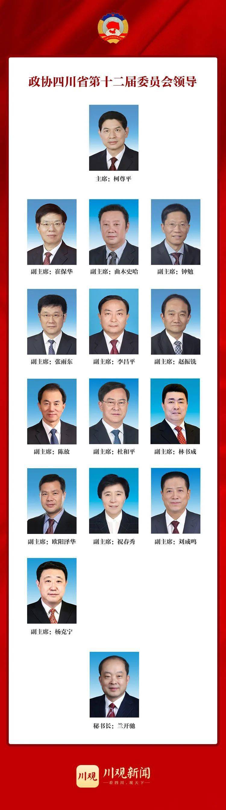 最新!政协四川省第十二届委员会主席,副主席,秘书长全名单