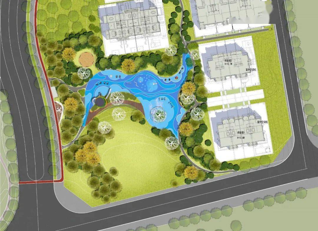 平面图整个公园儿童活动区域1410平米,约占整个场地的25%.