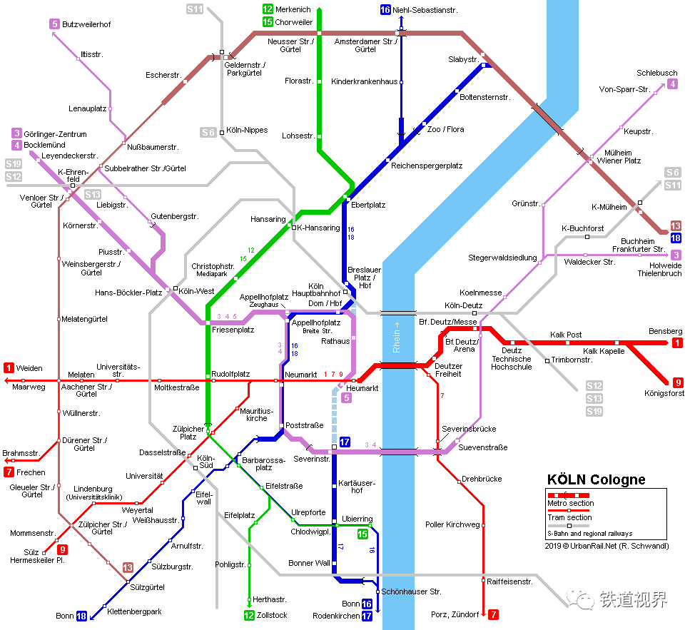 科隆市區stadtbahn網絡線路圖,其中出現為專有路權地鐵模式路段,細線