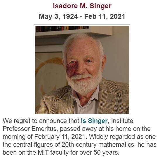 华人|数学家伊萨多·辛格去世 享年96岁 曾师从华人数学家陈省身