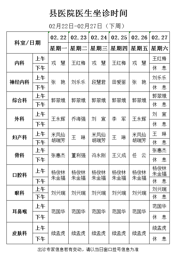 縣人民醫院專家門診時間表速速收藏02220227