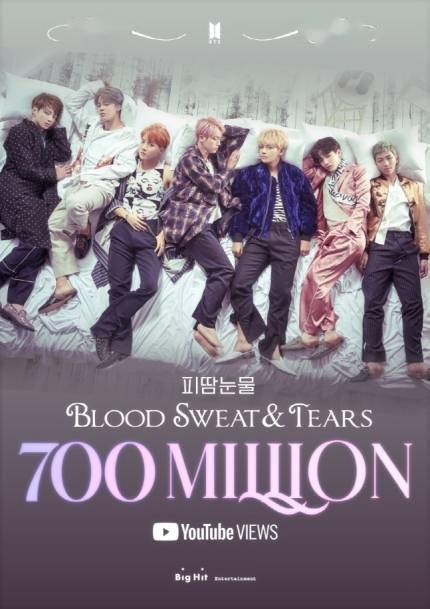 防弹少年团《血汗泪》mv,播放量突破7亿次.总计第7支