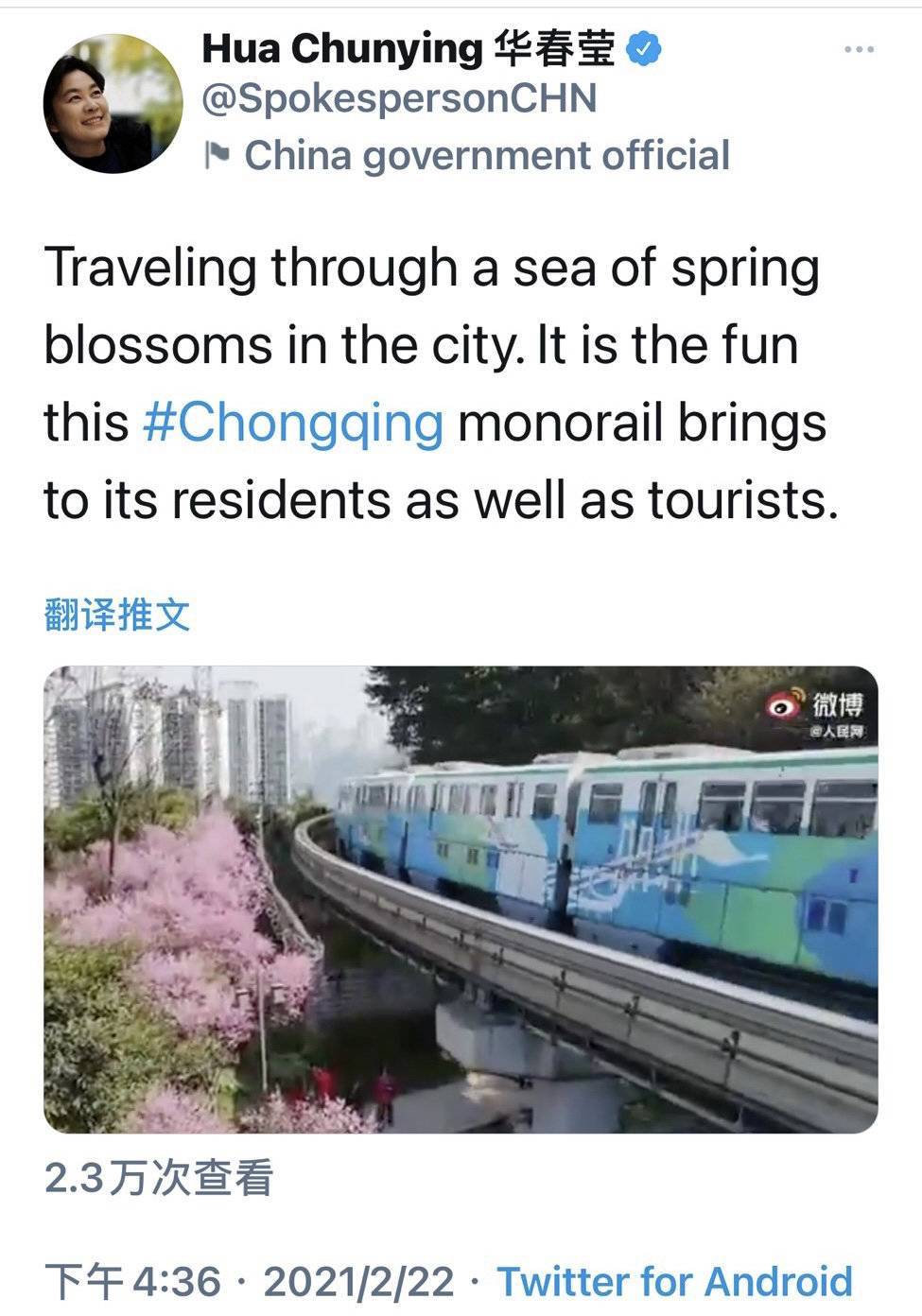 重庆“开往春天的列车”穿梭花海间，外交部发言人华春莹发推点赞