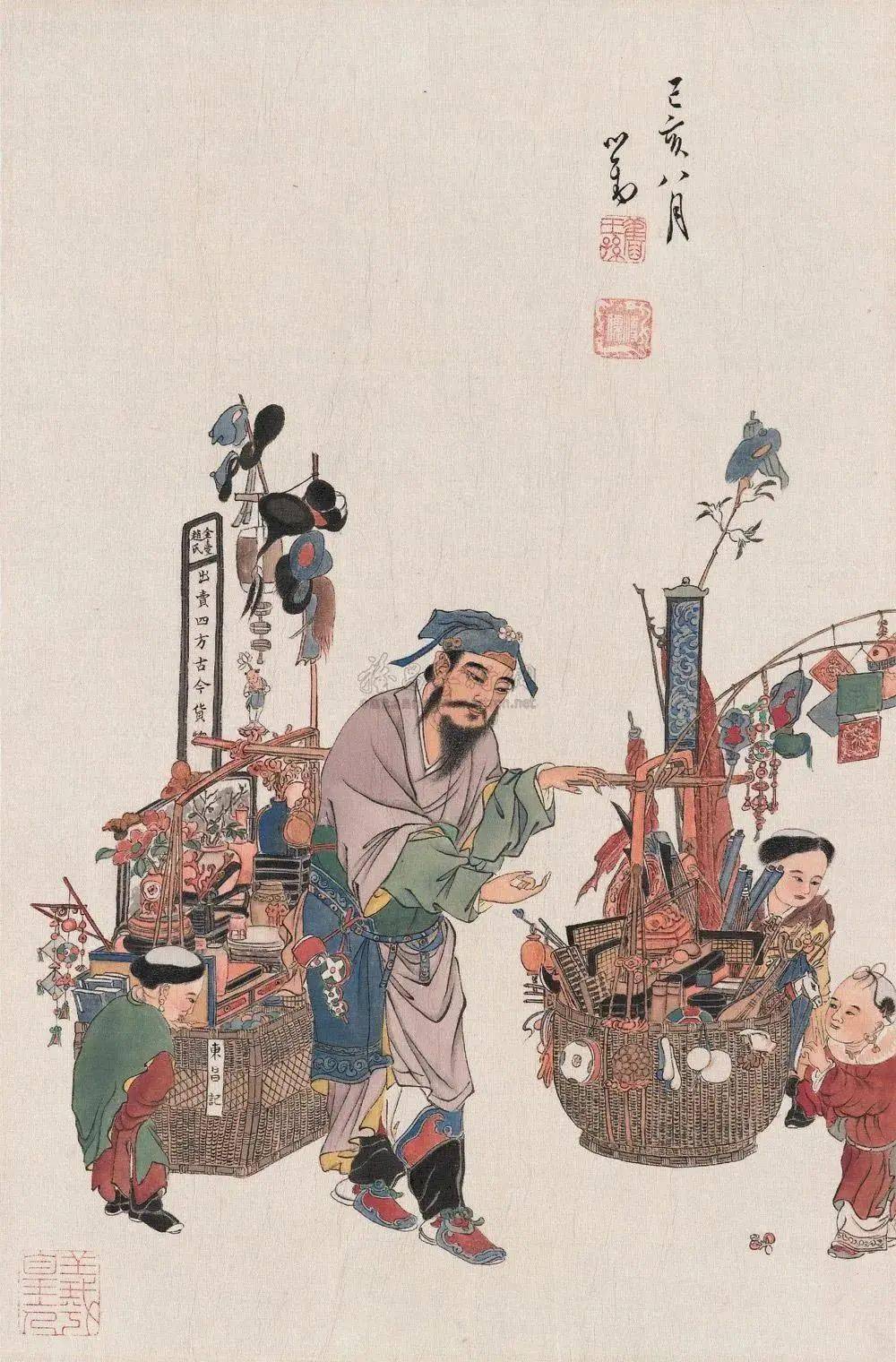 宪宗俯瞰子女们在宫廷集市中兴致盎然地采买,玩耍.