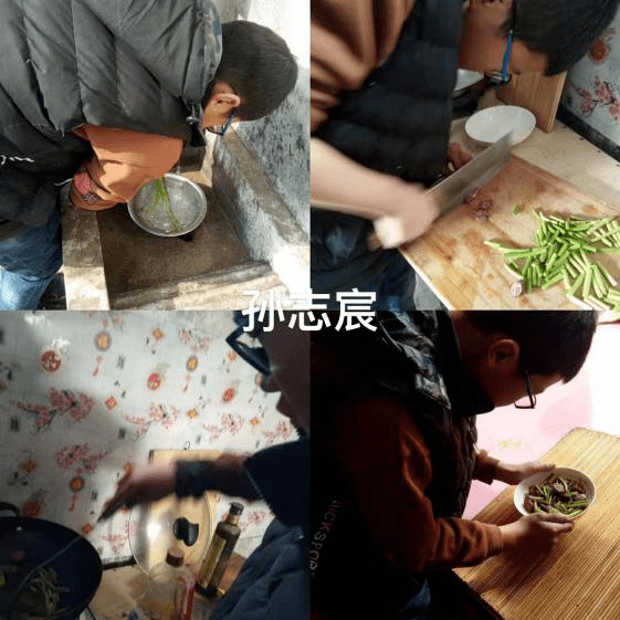 这是五班孙志宸同学,瞧,他洗菜,切菜,炒菜这一系列动作看着就熟练