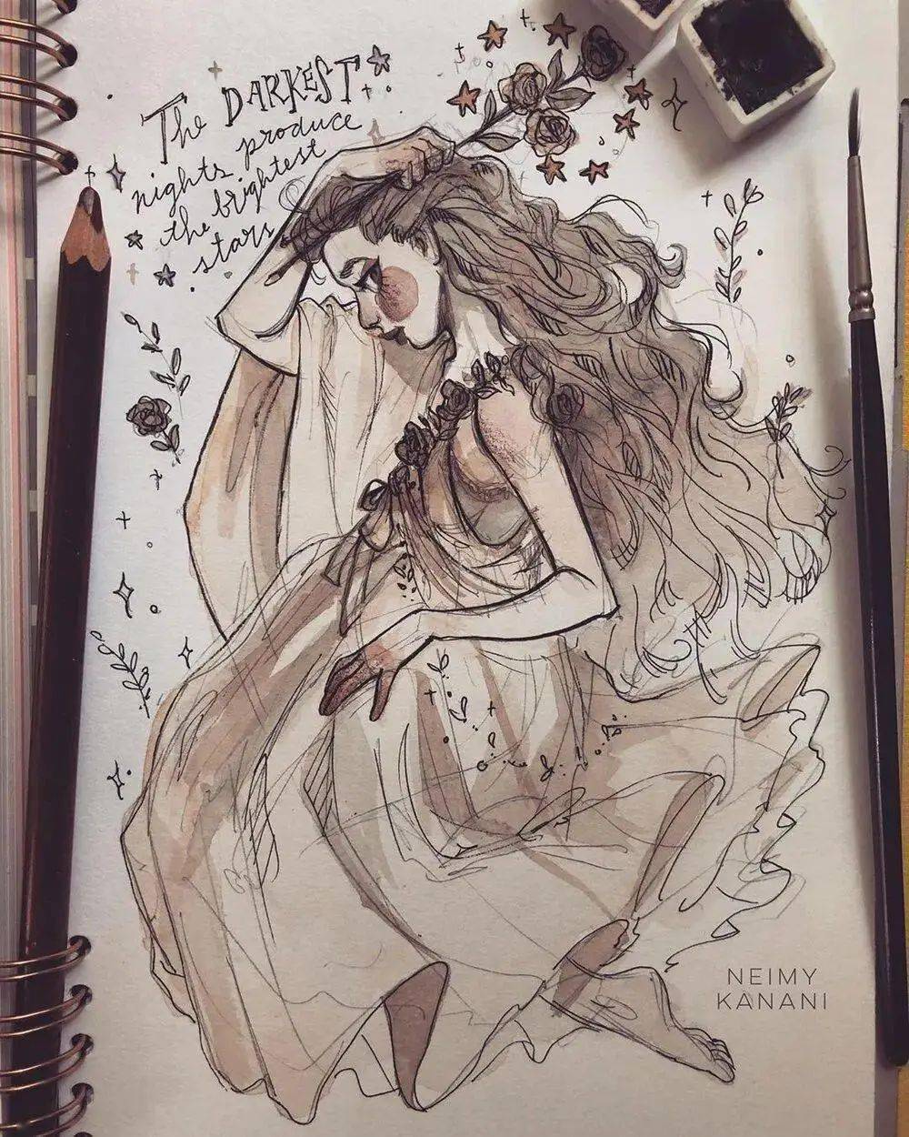 童话中的魔女,好看的灰色调水彩人物插画_用色