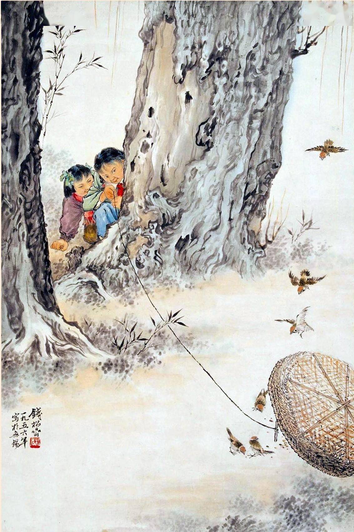 9,1956年由画家钱松喦创作的《捕雀》国画,一棵大树的背后,两个小女孩