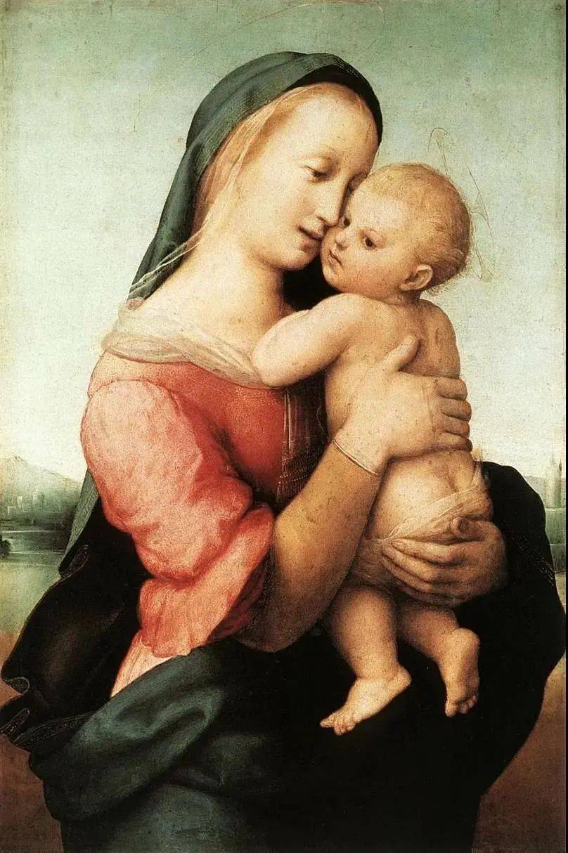 拉斐尔笔下  优雅恬 美的圣母紧紧地抱着孩子, 闪耀着世俗化的母性