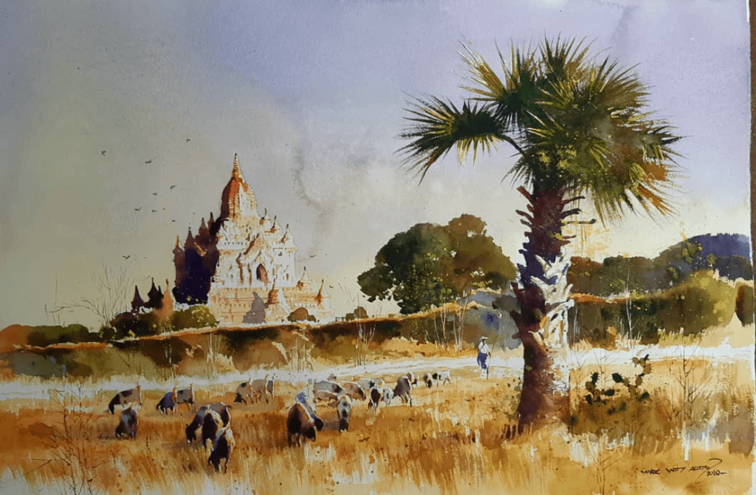 缅甸水彩画家myoewinaung作品欣赏牛群羊群