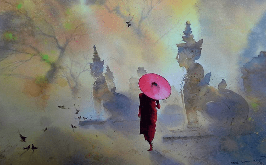 缅甸水彩画家myoewinaung作品欣赏小僧侣
