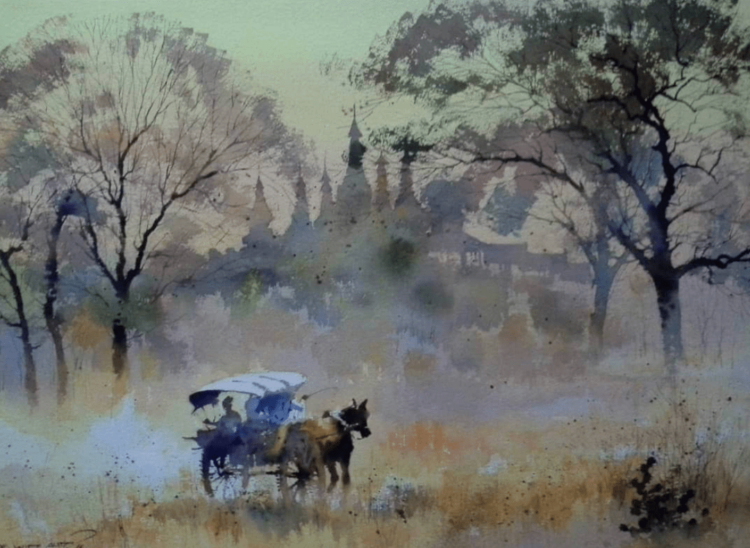 缅甸水彩画家myoewinaung作品欣赏马车系列