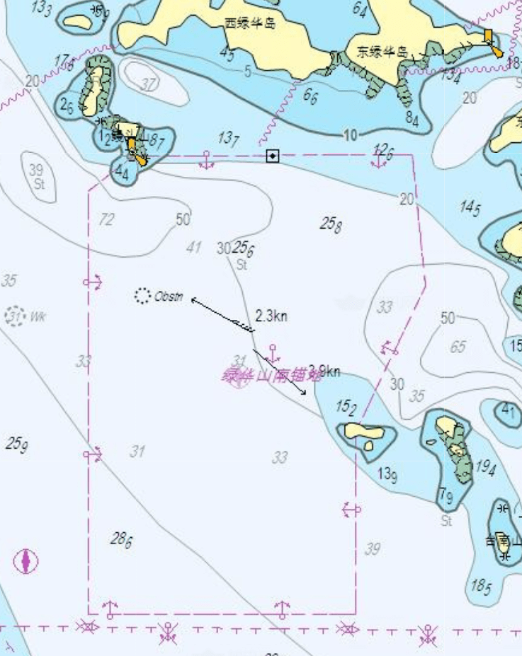 17绿华山南锚地位于东绿华岛和西绿华岛南侧,该锚地主要用作减载平台