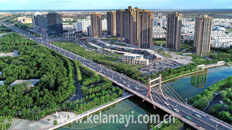 友谊大桥跨越克拉玛依河,夏日的河畔绿树成荫.