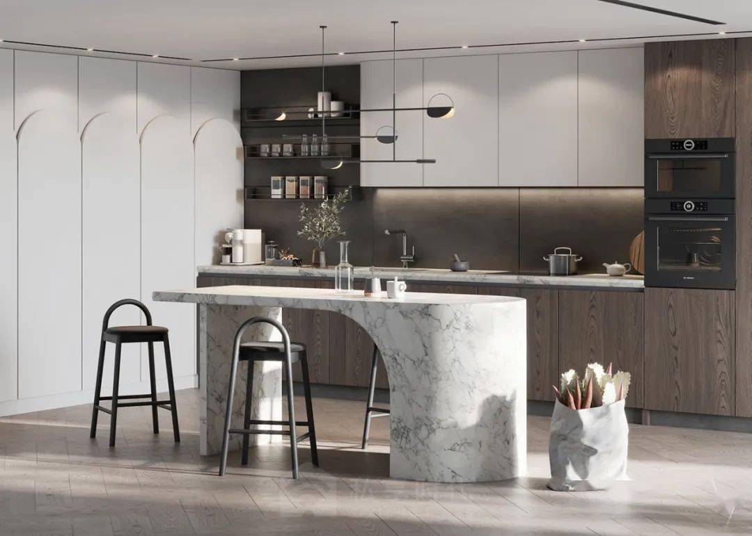 橱柜所有操作设计在同一直线上,方便烹饪者,岩板吧台的设计十分吸睛