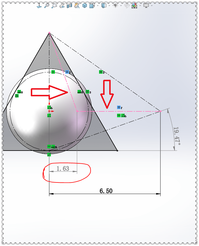 用solidworks画的正四面体与球体相交图形 等距