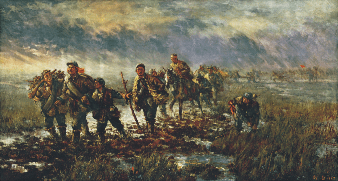 一幅描写红军过草地时艰难困苦场景的油画《红军过草地》,被收藏在