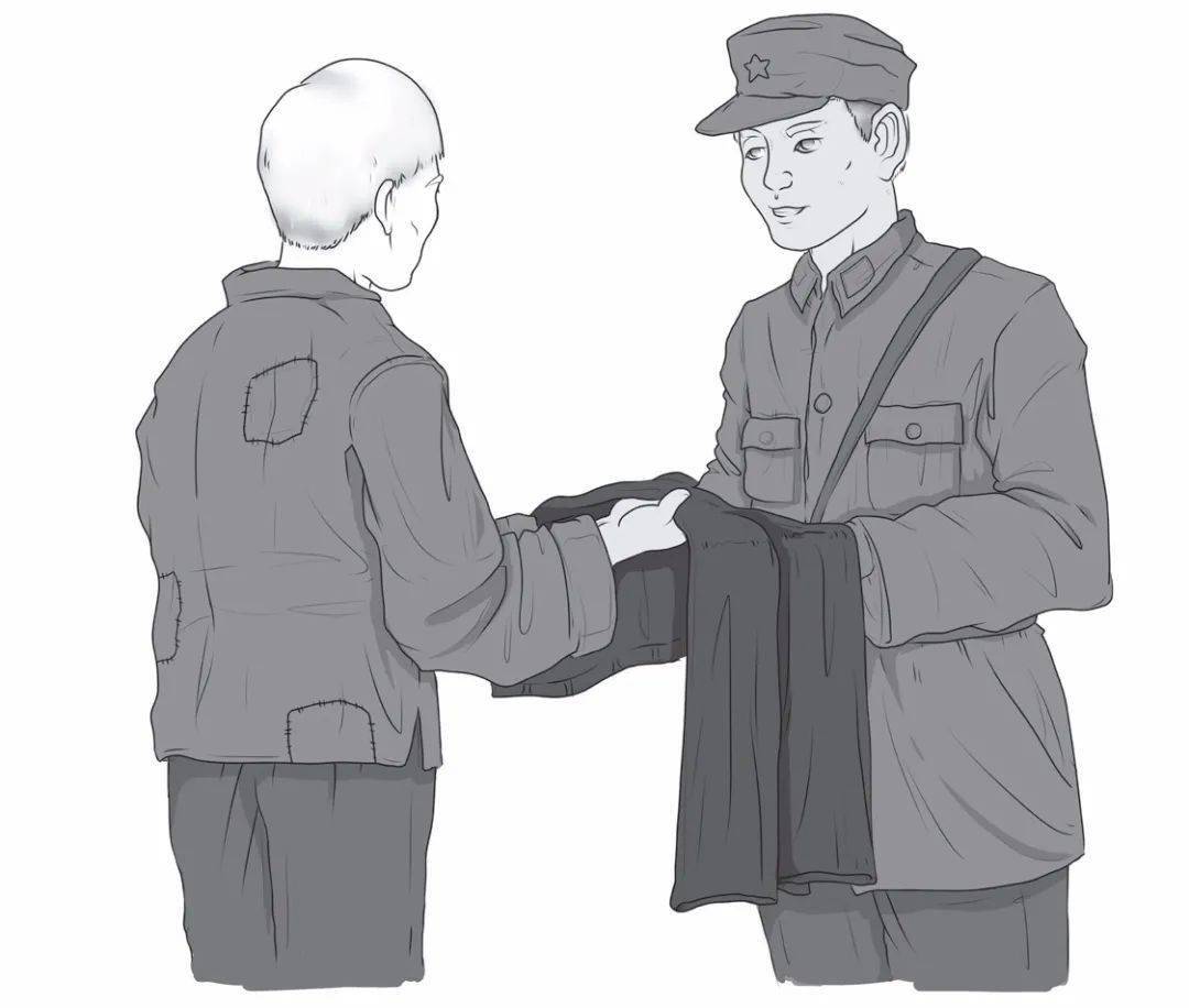 素描:《朱德托人送夹裤》朱德仔细地察看丁长根打好的刀矛,匕首,拉了