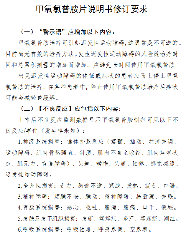 甲氧氯普胺修订说明书