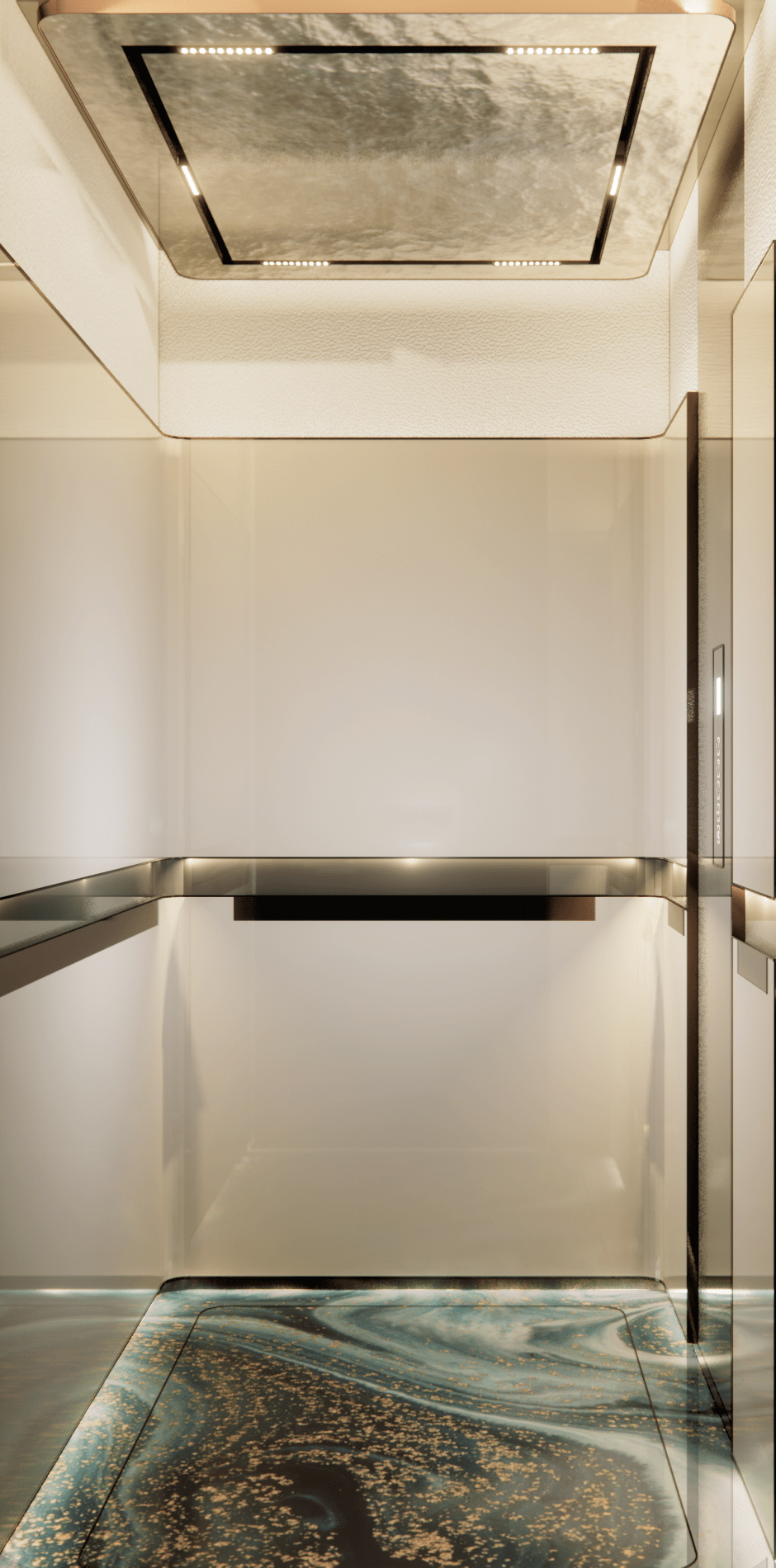 曲面造型的轿厢空间,体现一种包裹的感觉,让人得到安全感 ,进入电梯内