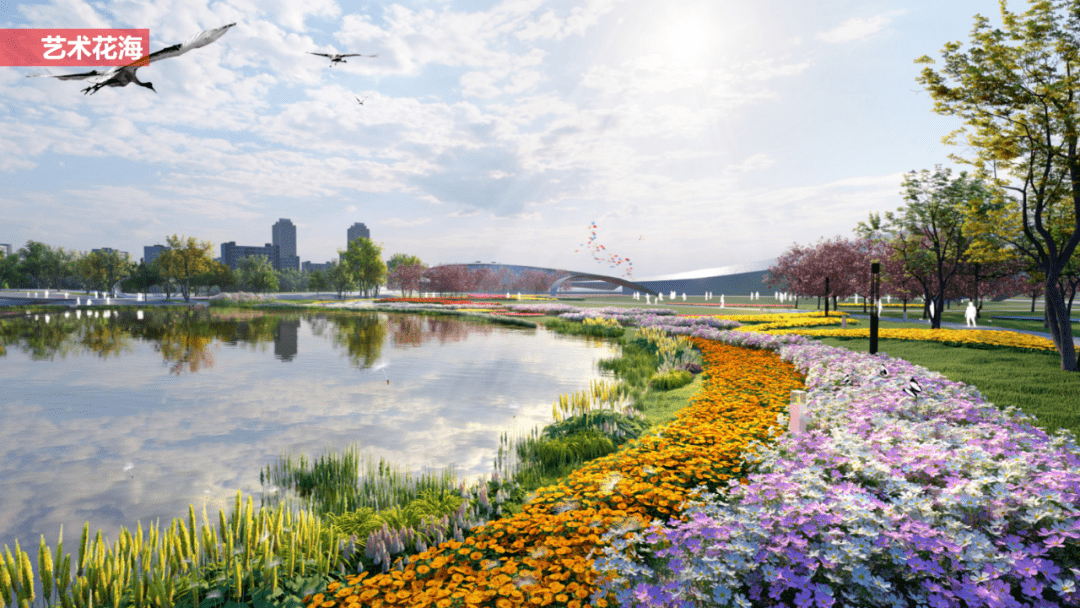 之下,水网交织,生态草坡驳岸处打造水生植物群落与各类季节性花境林