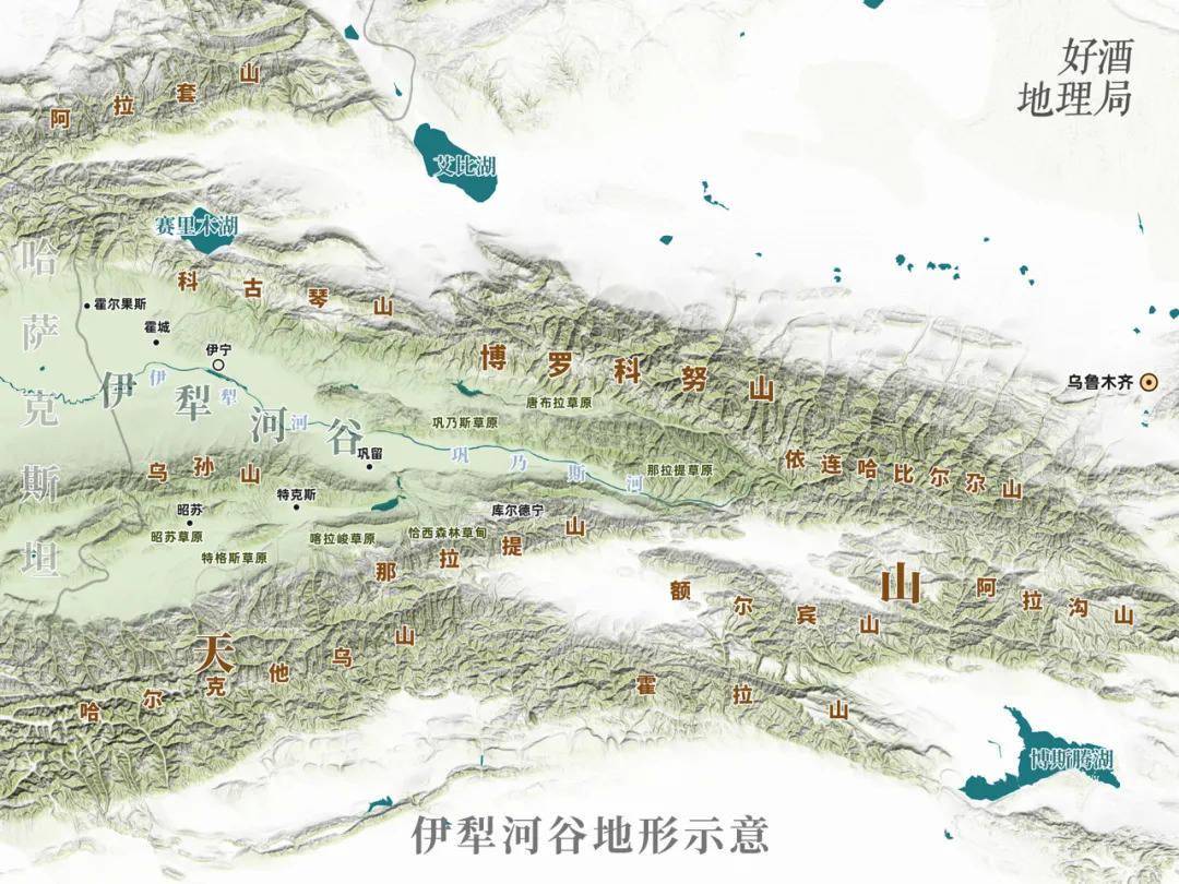 积扇便是如今看到的伊犁河谷,河谷西部是平原,东部是山区,南部是盆地