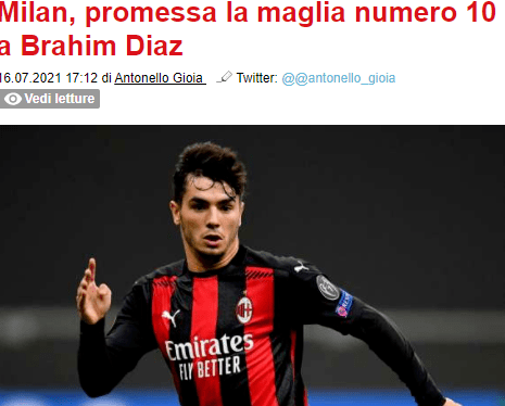 迪马济奥迪亚兹即将重返米兰他将穿上10号球衣