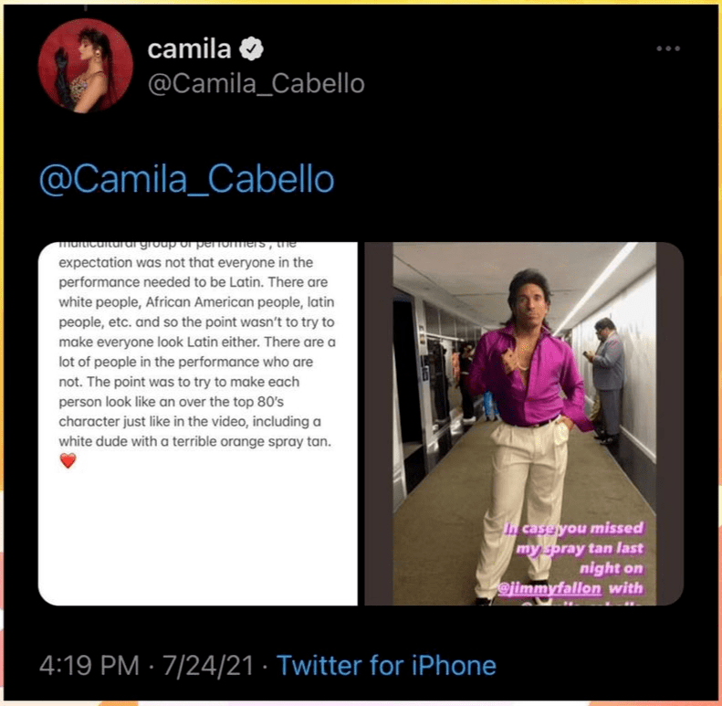 camila cabello說:其實這個舞者扮演的是一位美黑失敗的白人,因為美