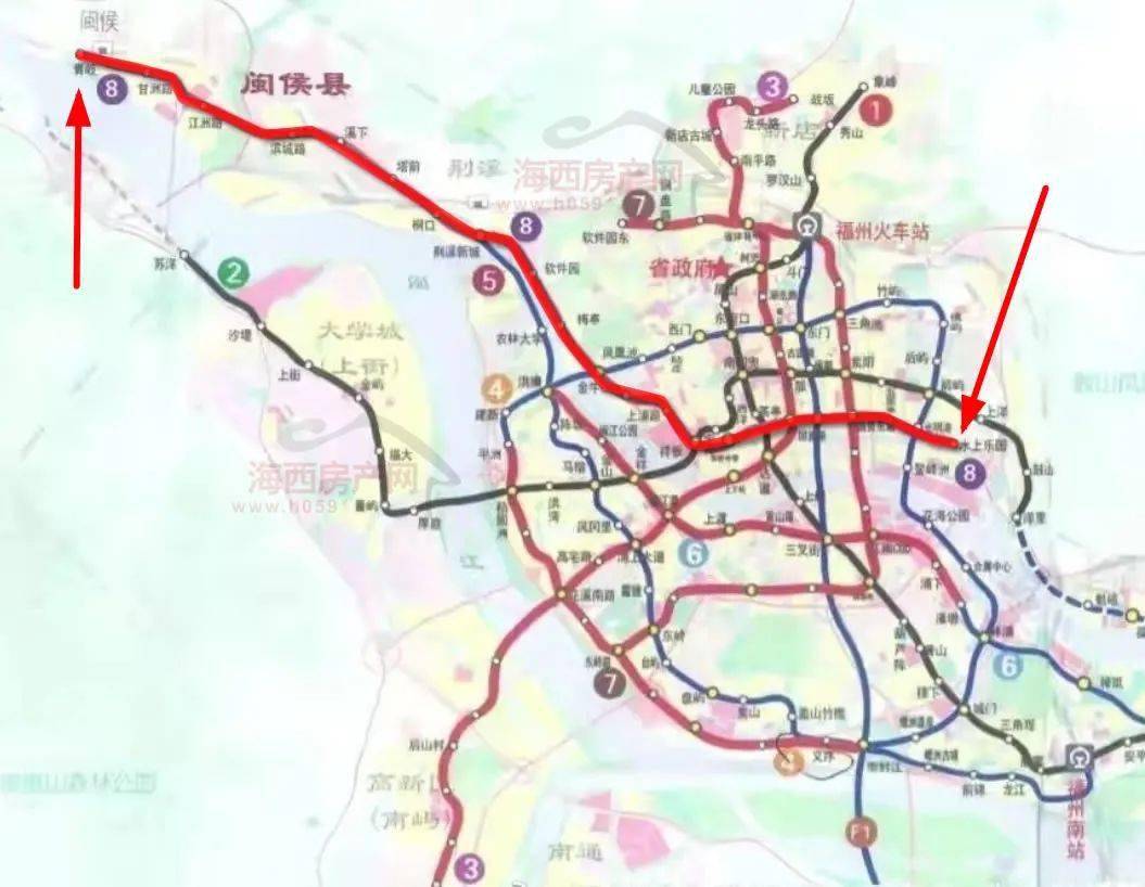 福州地铁8号线路走向从西向东,起始闽侯甘蔗青岐,经荆溪镇,横跨市区至