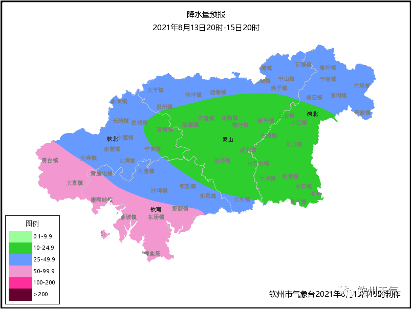 8月13日20时-15日20时钦州市降水量预报图温馨提醒1,未来一周多降雨