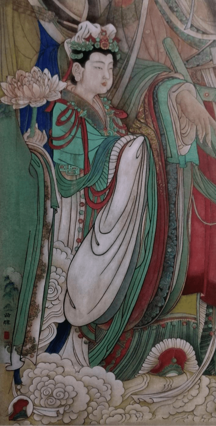 2008年在蒋采苹老师亲自指导下,苗炜临摹的第一幅重彩画《永乐宫壁画