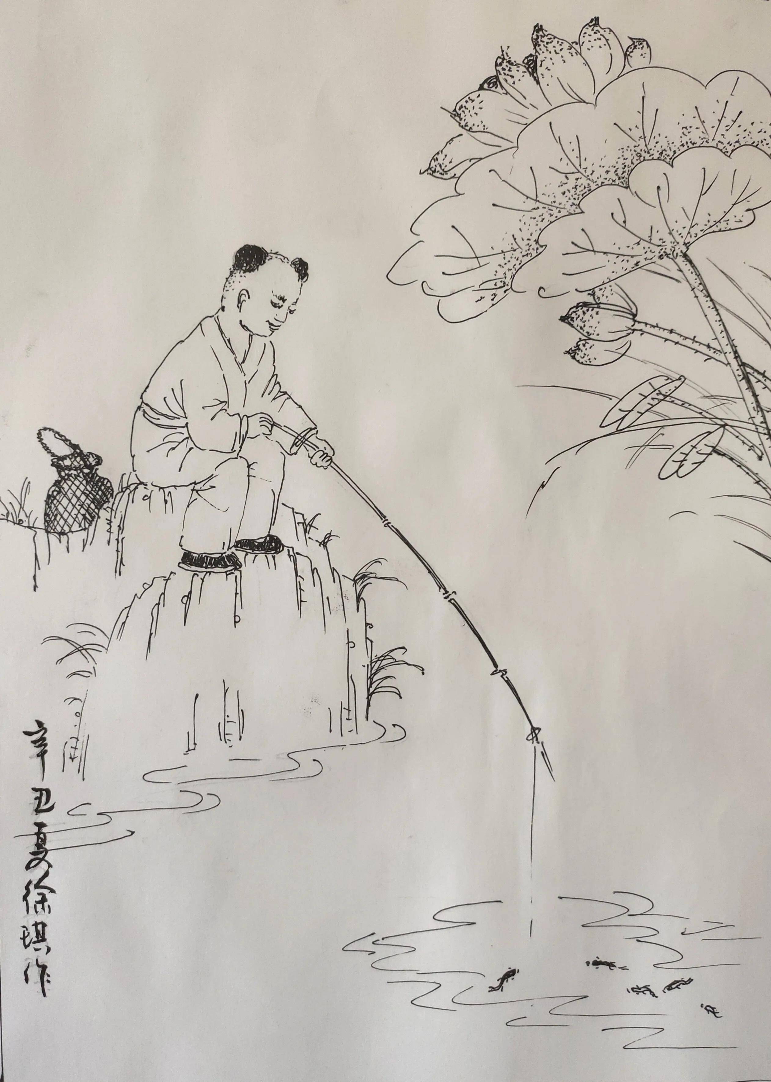 老翁钓鱼素描图图片