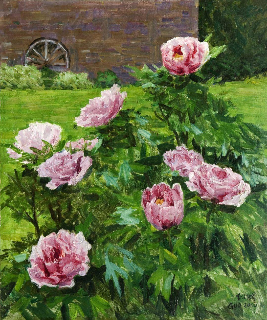 《园中芍药》 布面油画 46x60cm 2000年作《盆栽牡丹》 布面油画 58x