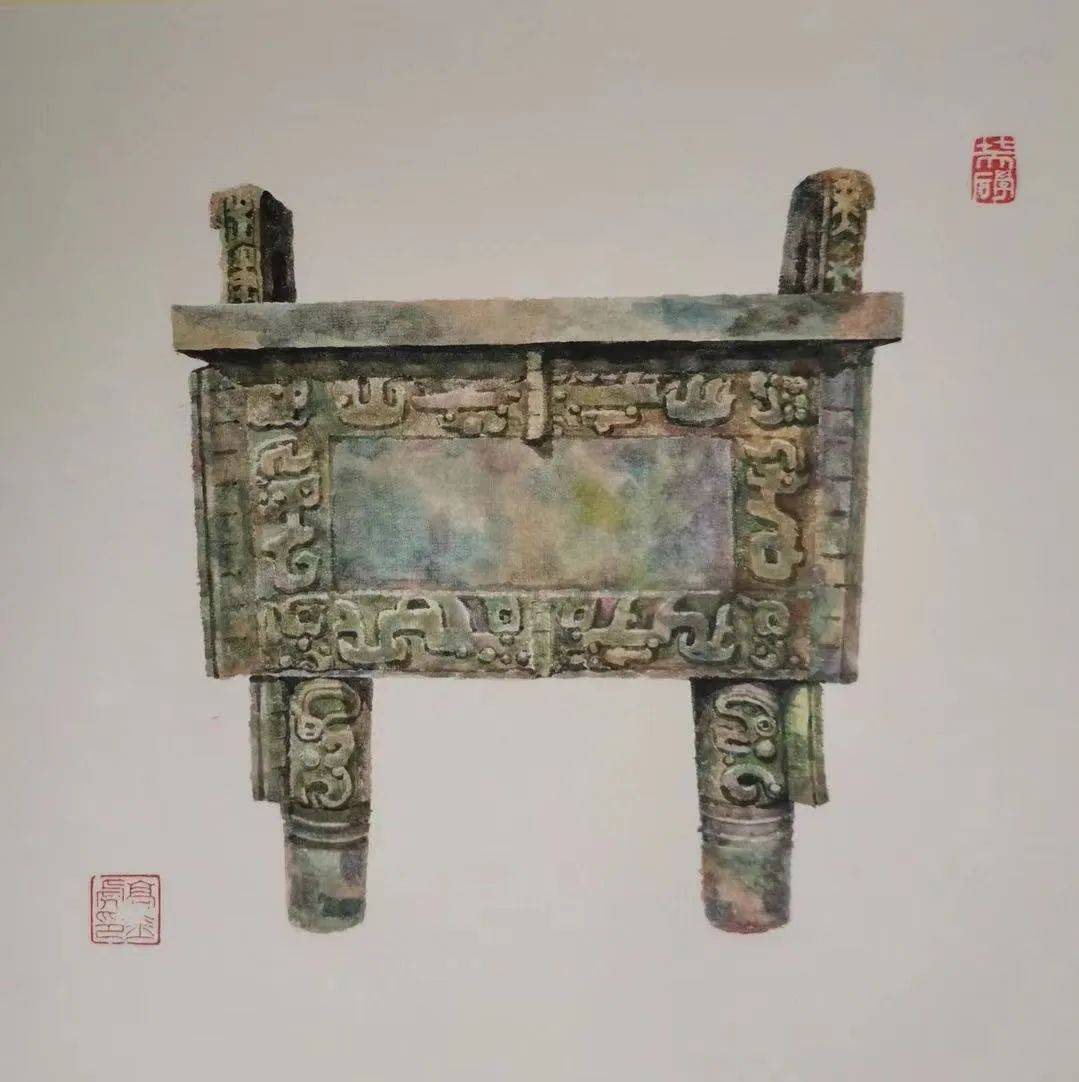 作者以彩墨绘画的形式,向观众展示了司母戊大方鼎,四羊方尊,青铜编钟