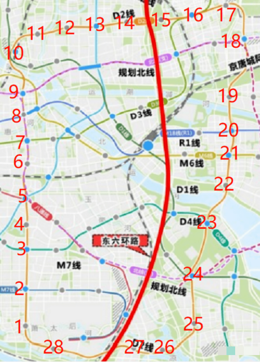 菜园→4,小堡南→5,安贞医院南(换乘m103)→6,富河园(换乘m102)北京