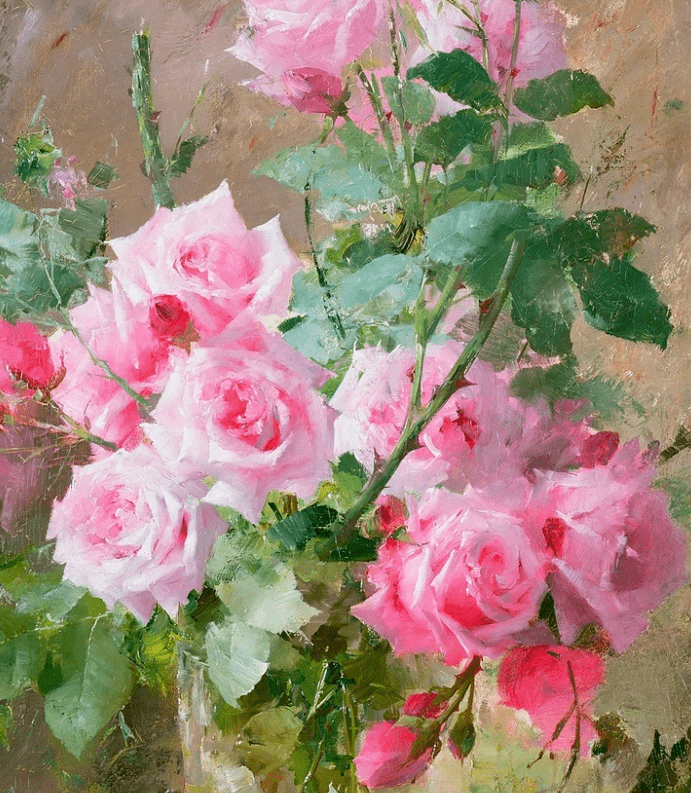 比利时艺术家弗朗斯莫特尔曼斯画笔下的粉色月季玫瑰尤其受人关注