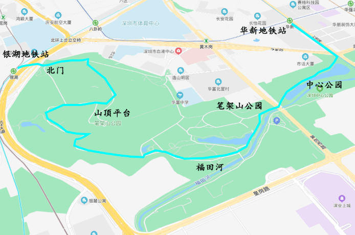 徒步路线:华新地铁站——中心公园——笔架山公园——山顶平台