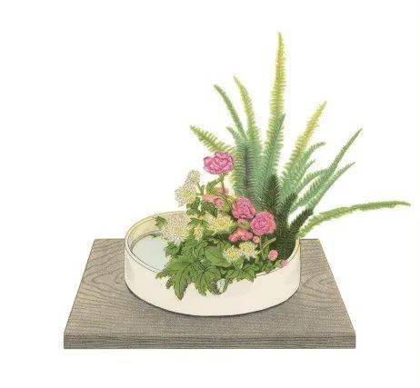 花材:肾蕨,康乃馨,白菊花器:白色圆水盘典型的秋天色彩的盛花.