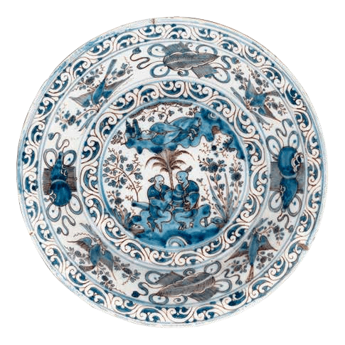 3厘米葡萄牙国家古代 艺术博物馆白釉蓝褐彩开光花鸟博古纹瓶约1660