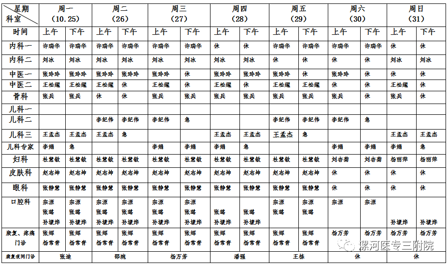 便民▕漯河醫專三附院漯河市康復醫院門診排班表