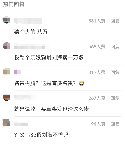 网友一片假刘海卖13500元！网友：顿时感觉不缺头发了