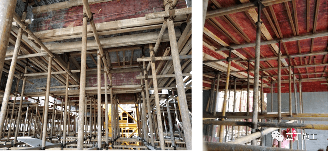 模架体系缺少一个方向或两个方向顶部小横杆,导致自由端超高;个别项目