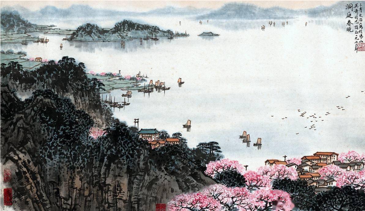 9,1972年由画家宋文治创作的《洞庭春晓图》国画,洞庭湖畔,站在高处