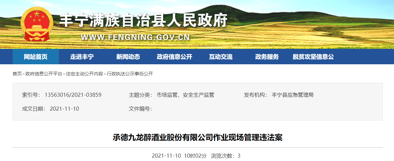 河北省豐寧滿族自治縣應急管理局關於承德九龍醉酒業股份有限公司的