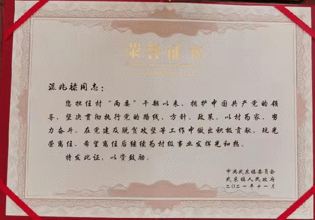 离任村干部荣退证书图片