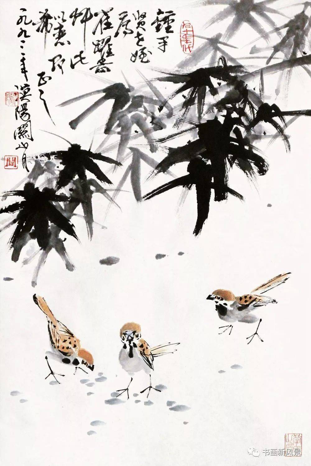 关山月笔下的梅竹麻雀!_梅花_墨竹_山水