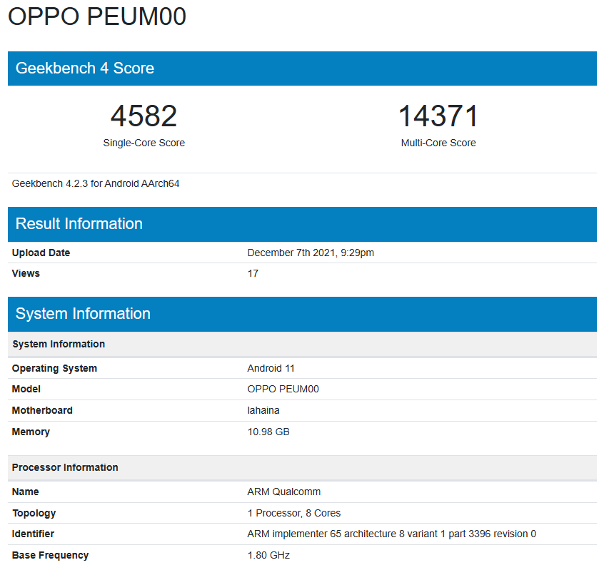 该机|OPPO 新机现身 GeekBench：高通骁龙 888、12GB RAM，运行安卓 12