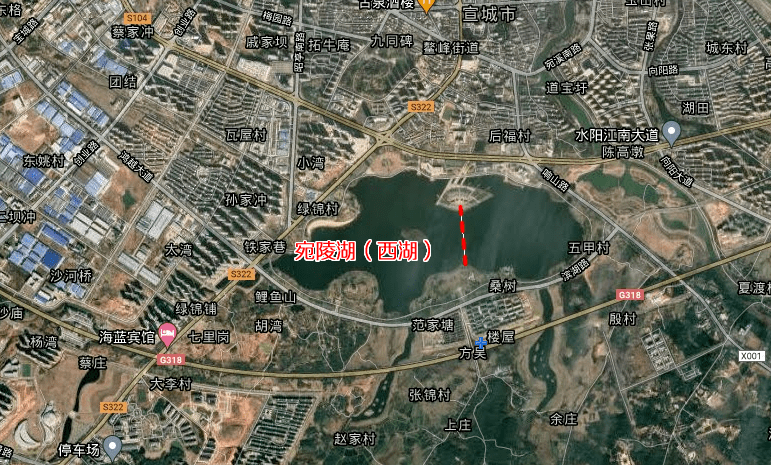 据小编利用地图测距,宛陵湖(西湖)南北中间最近距离约500米.