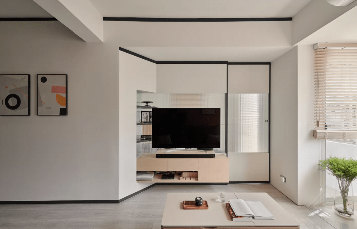 电视墙另类设计分享电视柜结合异形长虹玻璃完工还挺高级美观