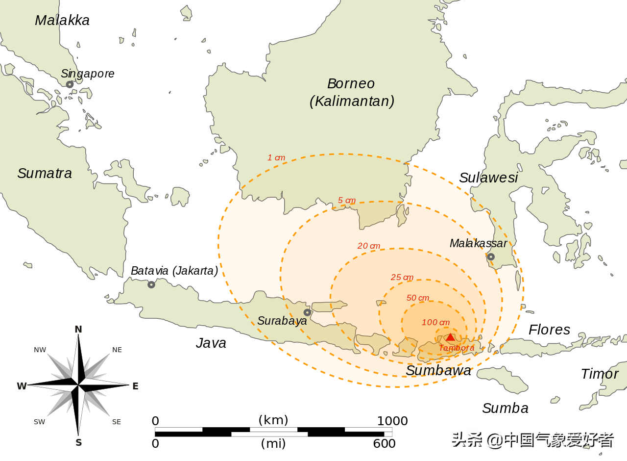 这正是位于印度尼西亚松巴哇岛上的坦博拉火山苏醒,这次爆发,正是19
